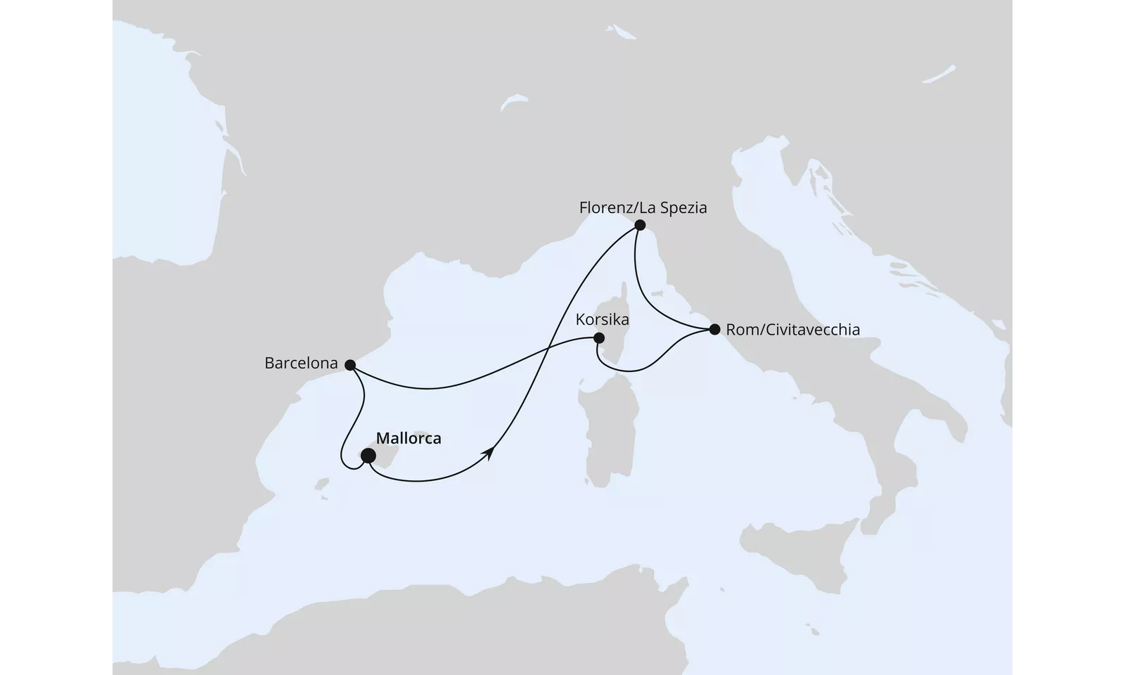 AIDAcosma Mediterrane Schätze mit Korsika ab Mallorca 2027 Routenkarte